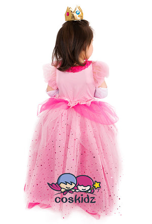 Child Girls Princess Peach Dress Halloween Costume for Kids with Crown