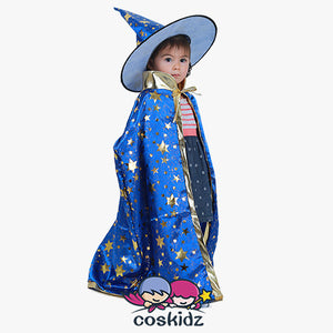 Child Little Magician Wizard Witch Costume Cloak with Hat and Broomstick